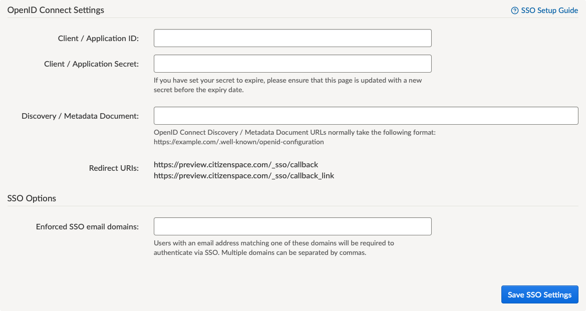 Citizen Space Admin SSO settings page